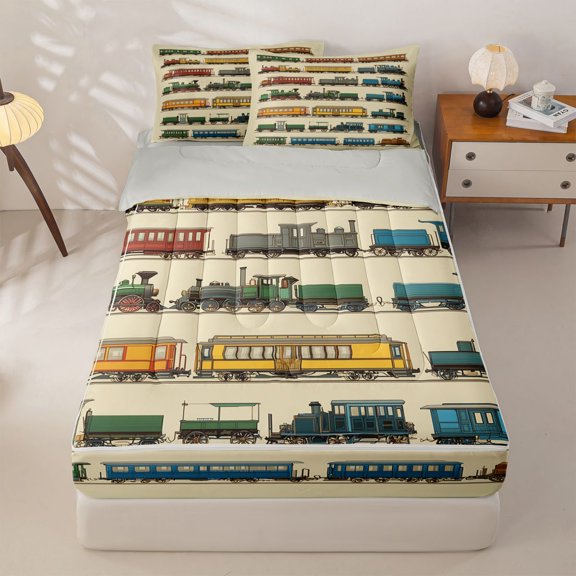 Manfei Toy Train Zipper Twin Comforter Sets with Fitted Sheet and 2 Pillowcases,Cartoon Boys Art Zipper Bedding Set,Yellow,Light Gray Reversible,4pcs