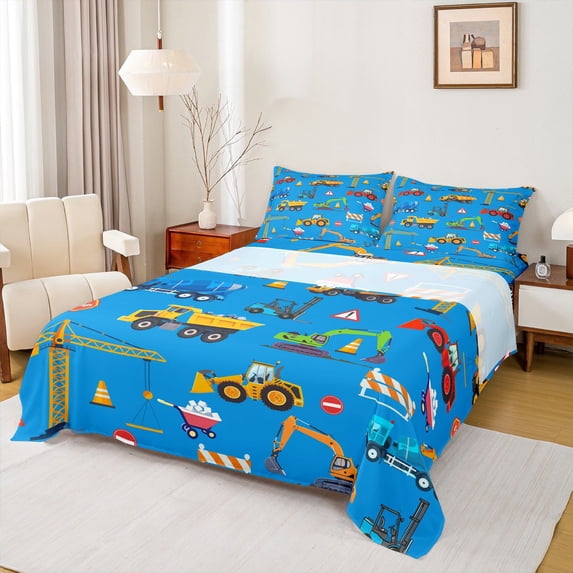 Manfei Tractor Excavator Bed Sheets, Cartoon Equipment Truck King Sheets, Vehicle Car Theme Sheet Set, Super Cozy Room Decor, 4-Piece
