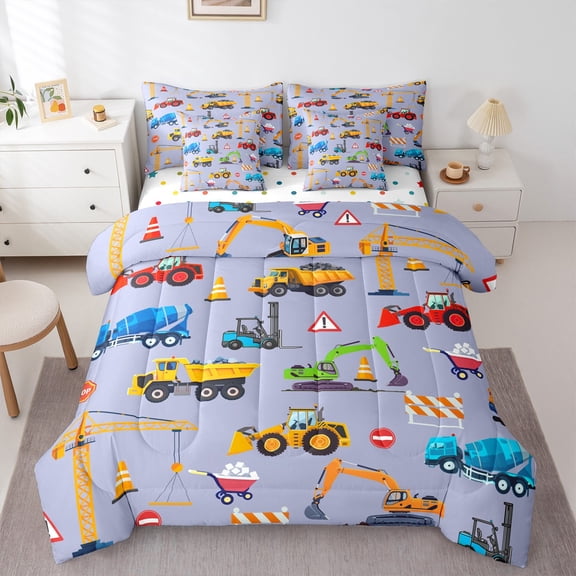 Manfei Tractor Excavator Bedding Comforter Set 7-Piece, Cartoon Equipment Truck King Bedding Sets, Vehicle Car Theme Reversible Bed Sheets, Lightweight Room Decor