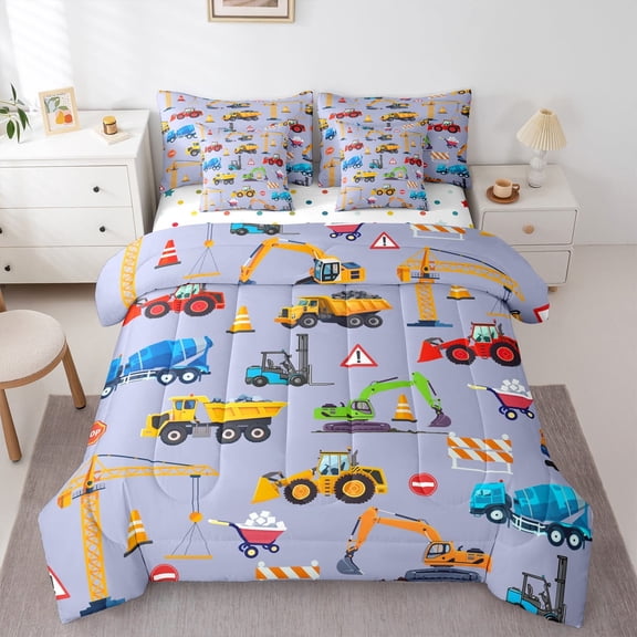 Manfei Tractor Excavator Bedding Comforter Set 7pcs, Cartoon Equipment Truck Queen Bedding Sets, Vehicle Car Theme Reversible Queen Sheet Sets, Lightweight Room Decor