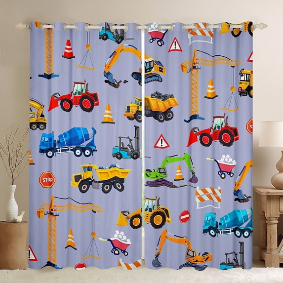 Manfei Tractor Excavator Blackout Curtains Set of 2 (52x84 Each), Cartoon Equipment Truck Window Curtains, Vehicle Car Theme Curtains and Drapes, Curtains and Drapes Room Decor