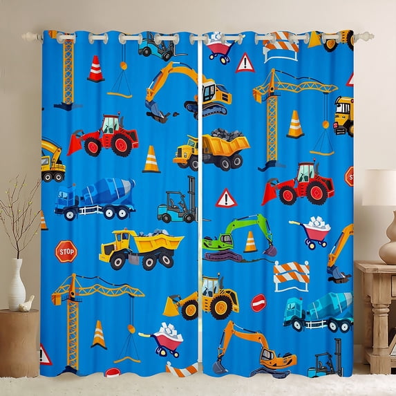 Manfei Tractor Excavator Blackout Curtains Set of 2 (52x84 Each), Cartoon Equipment Truck Window Curtains, Vehicle Car Theme Curtains and Drapes, Window Curtains Room Decor