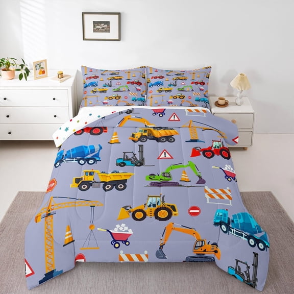 Manfei Tractor Excavator Queen Comforter Set, Cartoon Equipment Truck Bedding Sets, Vehicle Car Theme Reversible Bedding Comforter Set, Lightweight Room Decor, 3-Piece