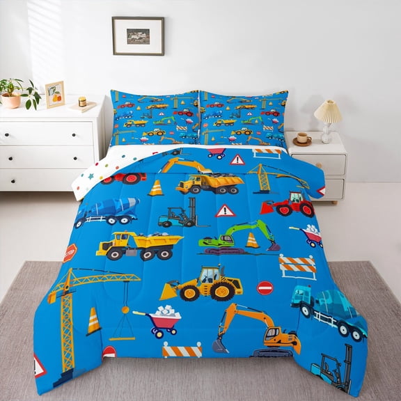 Manfei Tractor Excavator Queen Comforter Set, Cartoon Equipment Truck Bedding Sets, Vehicle Car Theme Reversible Bedding Comforter Set, Super Cozy Room Decor, 3-Piece