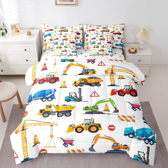 Manfei Tractor Machinery Truck Bedding Comforter Set 7 Pieces, Construction Vehicle Full Bedding Set, Teens Boys Girls Kids Reversible Fitted Sheet Flat Sheet, Ultra Soft Home Decor