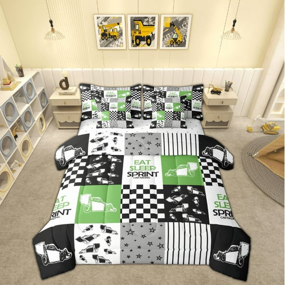 Manfei Tractor Machinery Truck Bedding Comforter Set 7pcs, Construction Vehicle Queen Bedding Sets, Teens Boys Girls Kids Reversible Queen Sheet Sets, Microfiber Bedroom Decor