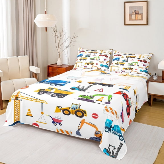 Manfei Tractor Machinery Truck Twin Sheet Sets, Construction Vehicle Twin Fitted Sheet, Teens Boys Girls Kids Flat Sheet, Ultra Soft Home Decor, 3pcs