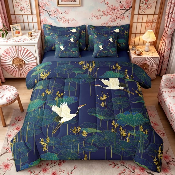 Manfei Traditional Crane Bedding Comforter Set for Girls Women, Lotus Leaf King Bedding Sets, Navy Green Gold, Navy Reversible 7pcs