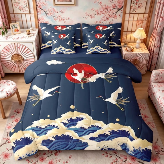 Manfei Traditional Crane Bedding Comforter Set for Home, Blue Wave Sun King Bedding Sets for Office, Blue White Red, Navy Reversible 7pcs