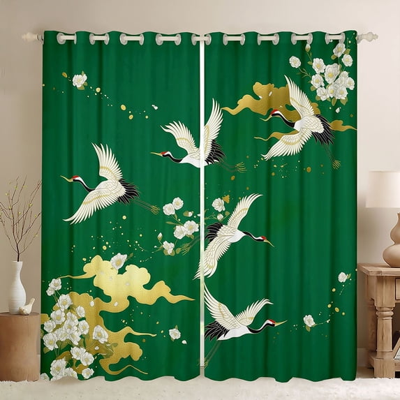 Manfei Traditional Crane Black Out Curtains for Home, Golden Cloud Curtains Pack of 2 (42x63 Each) for Office, Green Gold White
