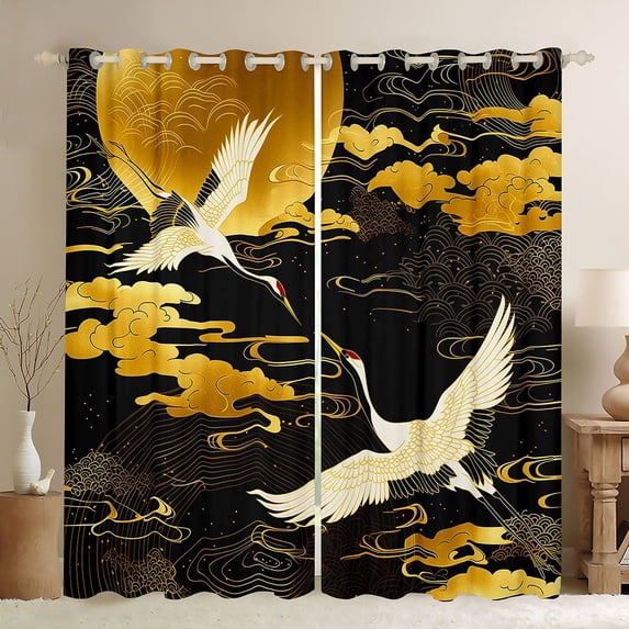 Manfei Traditional Crane Black Out Curtains for Home, Golden Moon Curtains Pack of 2 (42x63 Each) for Office, Black Gold White