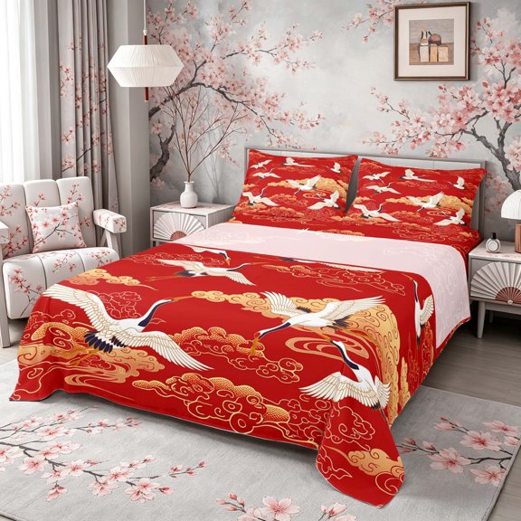 Manfei Traditional Crane Full Size Sheets for Home, Golden Cloud Bed Sheets for Office, Red Gold White 4 Pieces, 1 Flat Sheet, 1 Fitted Sheet and 2 Pillowcases