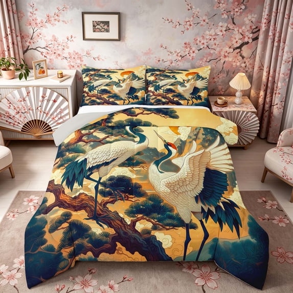 Manfei Traditional Crane Pine Queen Comforter Set for Home, Mountain Sunset Bedding Comforter Set for Office, Beige Blue Gold, Gray Reversible 3-Piece, 1 Comforter and 2 Pillowcases