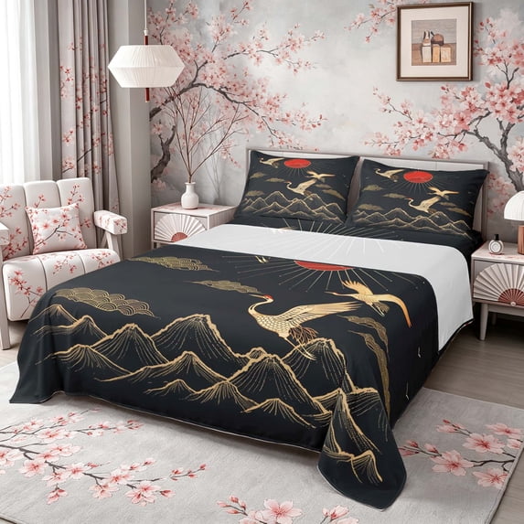 Manfei Traditional Crane Queen Sheet Sets for Teens, Gold Sun Mountain Bed Set, Black Gold Red 4-Piece, 1 Flat Sheet, 1 Fitted Sheet and 2 Pillowcases