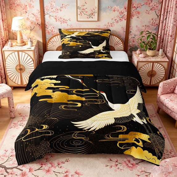 Manfei Traditional Crane Twin Comforter Sets for Home, Golden Moon Bedding Set for Office, Black Gold White, Black Reversible 2pcs, 1 Comforter and 1 Pillowcase