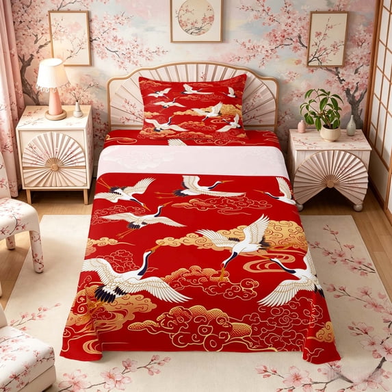 Manfei Traditional Crane Twin Sheet Sets for Home, Golden Cloud Bedding for Office, Red Gold White 3 Pieces, 1 Flat Sheet, 1 Fitted Sheet and 1 Pillowcase