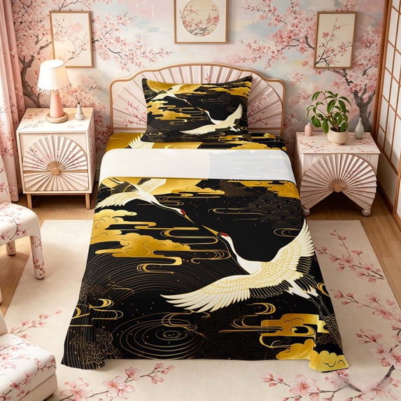 Manfei Traditional Crane Twin Sheet Sets for Home, Golden Moon Bedding for Office, Black Gold White 3pcs, 1 Flat Sheet, 1 Fitted Sheet and 1 Pillowcase