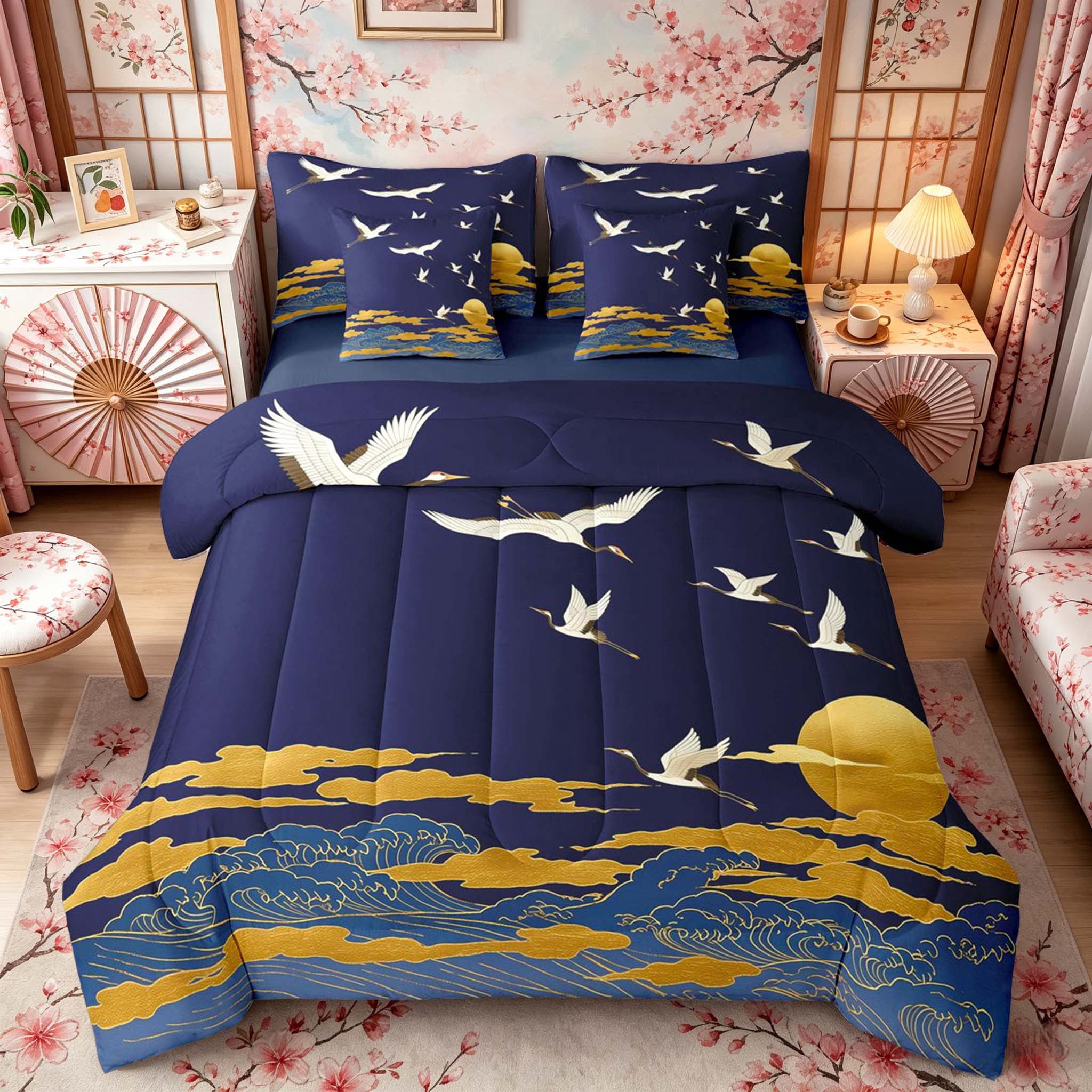Manfei Traditional Crane Wave Bedding Comforter Set for Girls Women, Golden Moon Full Bedding Set, Blue Gold White, Navy Reversible 7pcs