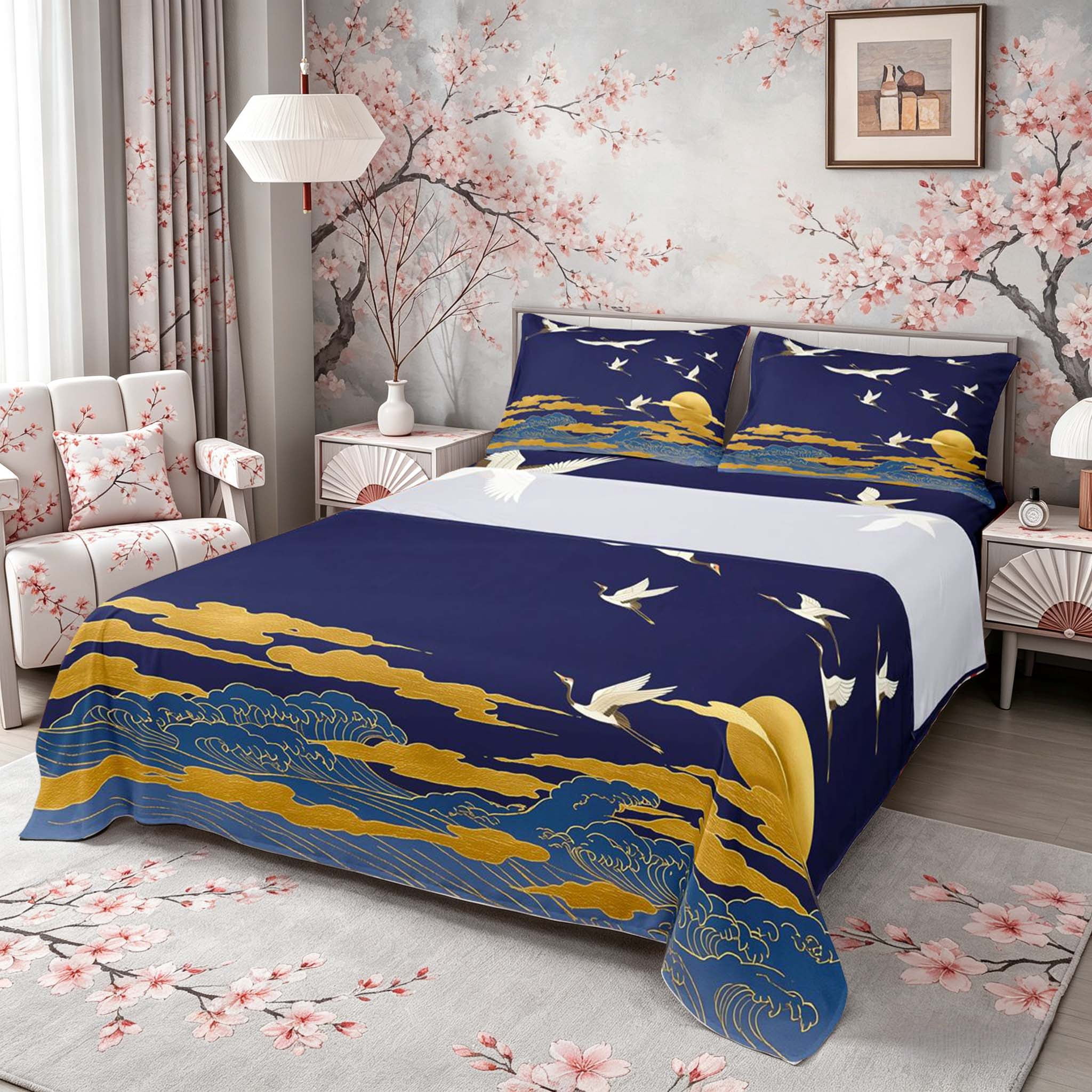 Manfei Traditional Crane Wave Queen Sheet Sets for Girls Women, Golden Moon Bed Set, Blue Gold White 4pcs, 1 Flat Sheet, 1 Fitted Sheet and 2 Pillowcases
