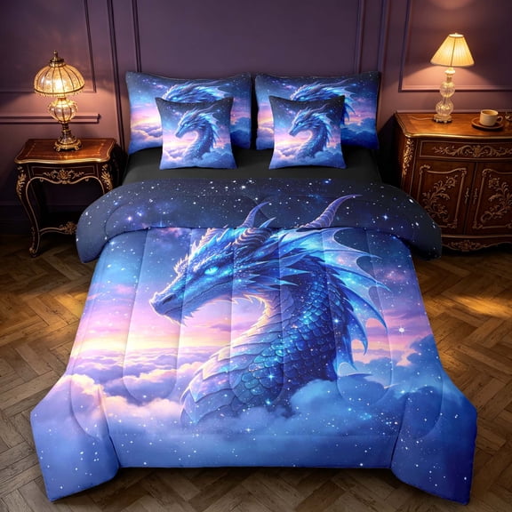 Manfei Traditional Dragon Animals 7-Piece Twin Bedding,Fantasy Starry Sky Bedding Comforter Set,Blue Pink,Black Reversible