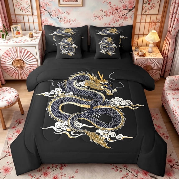 Manfei Traditional Dragon Twin Bedding Sets for Girls, Cloud Pattern Bedding Comforter Set, Black Gold Navy, Black Reversible7 Pieces