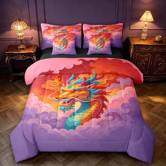 Manfei Traditional Eastern Dragon Animals 7-Piece Twin Bedding,Fantasy Cloud Bedding Comforter Set,Pink Purple,Black Reversible