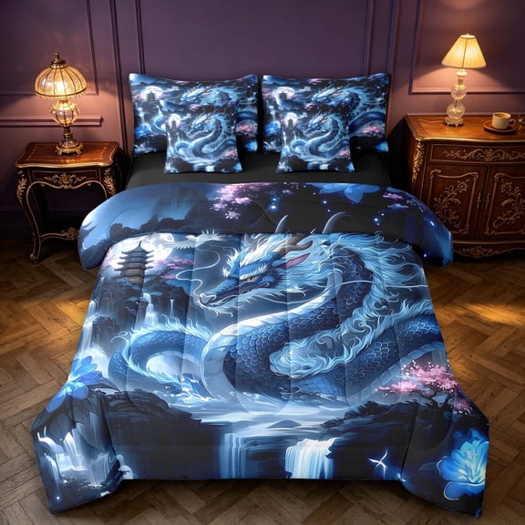Manfei Traditional Eastern Dragon Animals 7-Piece Twin Bedding,Flower Crane Bedding Comforter Set,Navy,Black Reversible