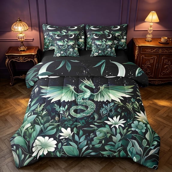 Manfei Traditional Eastern Dragon Animals 7-Piece Twin Bedding,Flower Starry Sky Bedding Comforter Set,Black Reversible