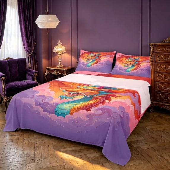 Manfei Traditional Eastern Dragon Animals Queen Sheets,Fantasy Cloud Queen Sheet Sets,Pink Purple,4-Piece,1 Flat Sheet,1 Fitted Sheet and 2 Pillowcases