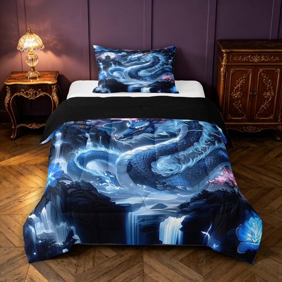 Manfei Traditional Eastern Dragon Animals Twin Comforter Sets,Flower Crane Bedding Set,Navy,Black Reversible,2-Piece,1 Comforter and 1 Pillowcase
