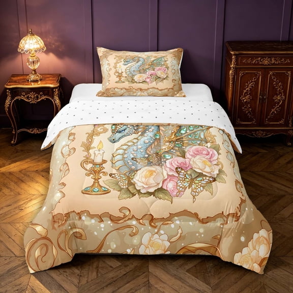 Manfei Traditional Eastern Dragon Animals Twin Comforter Sets,Flowers Butterfly Bedding Set,Beige,Reversible,2 Pieces,1 Comforter and 1 Pillowcase