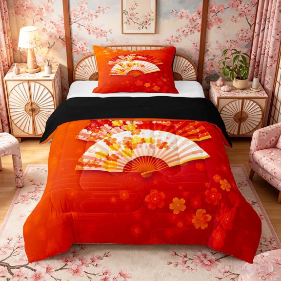Manfei Traditional Fan Twin Comforter Sets for Home, Floral Pattern Bedding Set for Office, Red Orange White, Black Reversible 2-Piece, 1 Comforter and 1 Pillowcase