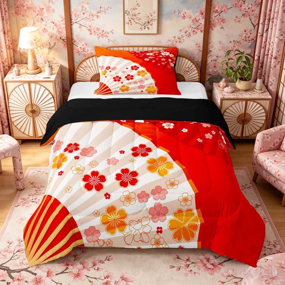 Manfei Traditional Fan Twin Comforter Sets for Teens, Floral Pattern Bedding Set, Red Orange White, Black Reversible 2 Pieces, 1 Comforter and 1 Pillowcase