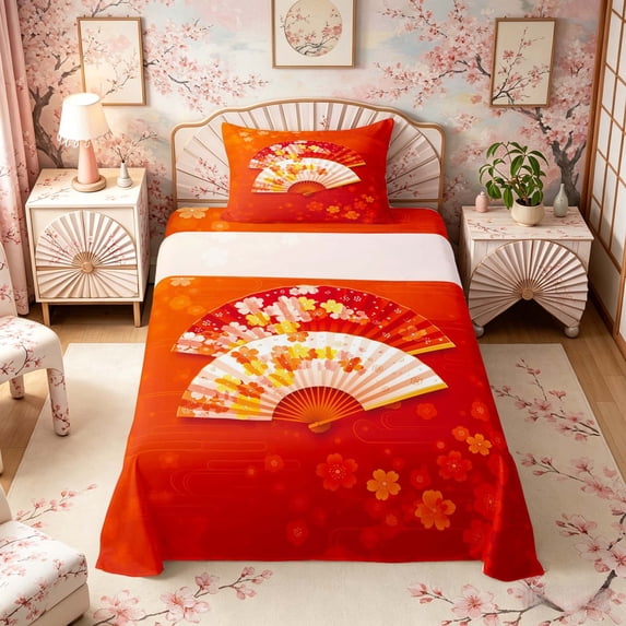 Manfei Traditional Fan Twin Sheet Sets for Home, Floral Pattern Bedding for Office, Red Orange White 3-Piece, 1 Flat Sheet, 1 Fitted Sheet and 1 Pillowcase