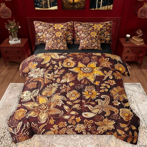 Manfei Traditional Floral Flower Bedding Comforter Set 7-Piece for Female Men,Vintage Aesthetics King Bedding Sets,Exotic Style Ultra Soft Bed Sheets,Luxury Bedroom Decor,Reversible