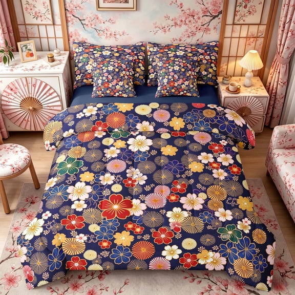 Manfei Traditional Floral Twin Bedding Sets for Teens, Japanese Pattern Bedding Comforter Set, Navy Red Pink, Navy Reversible7 Pieces