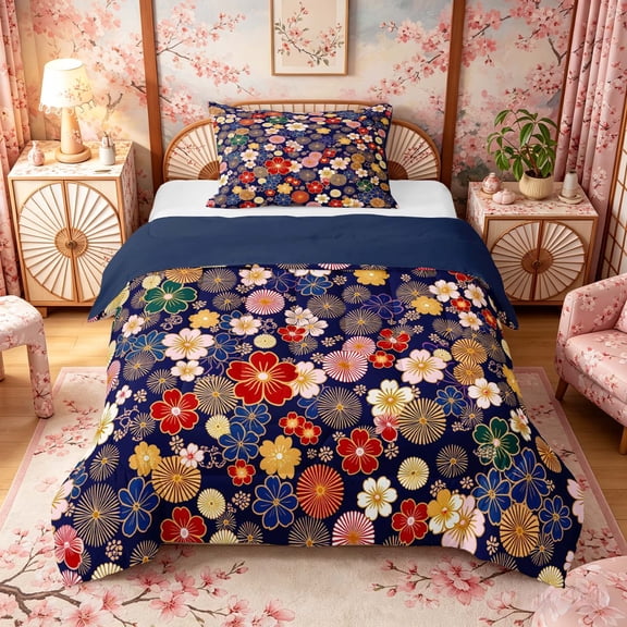 Manfei Traditional Floral Twin Comforter Sets for Teens, Japanese Pattern Bedding Set, Navy Red Pink, Navy Reversible 2 Pieces, 1 Comforter and 1 Pillowcase