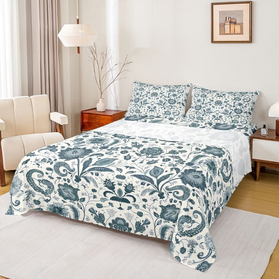 Manfei Traditional Flowers 4pcs Bed Sheets for Children Teens,Bohemian Floral King Sheets,Hippie Paisley Super Cozy Sheet Set,Microfiber Bedroom Decor