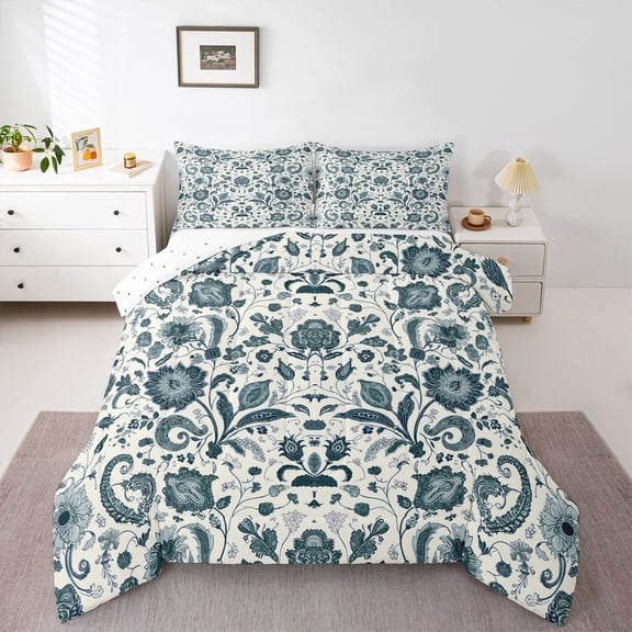 Manfei Traditional Flowers Bedding Comforter Set 2pcs for Children Teens,Bohemian Floral Twin Comforter Sets Microfiber,Hippie Paisley Breathable Bedding Set,Microfiber Bedroom Decor,Reversible