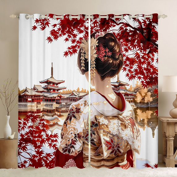 Manfei Traditional Geisha Black Out Curtains for Home, Maple Pagoda Curtains Pack of 2 (42x63 Each) for Office, Red White Gold