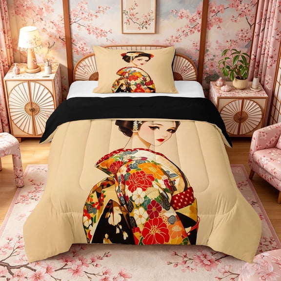 Manfei Traditional Geisha Twin Comforter Sets for Teens, Floral Kimono Bedding Set, Multicolor Beige, Black Reversible 2pcs, 1 Comforter and 1 Pillowcase