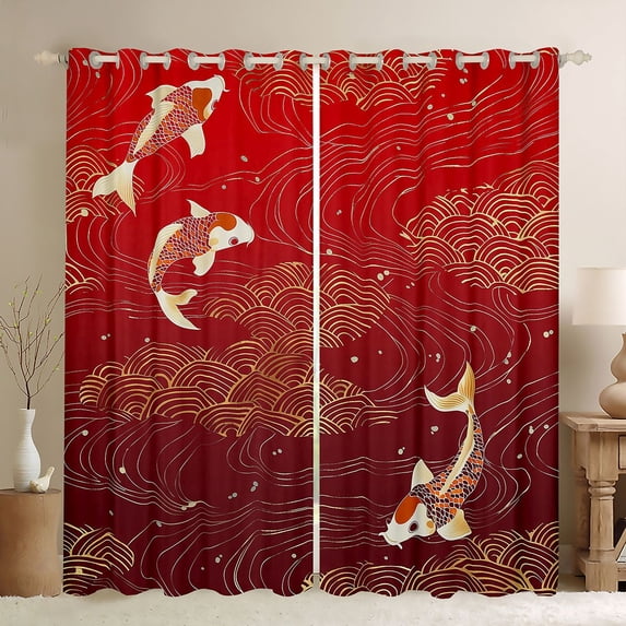 Manfei Traditional Koi Black Out Curtains for Girls, Gold Wave Curtains Pack of 2 (42x63 Each), Red Gold Orange