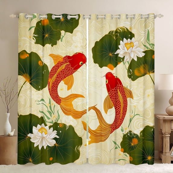 Manfei Traditional Koi Black Out Curtains for Home, Lotus Pond Curtains Pack of 2 (42x63 Each) for Office, Red Gold Green