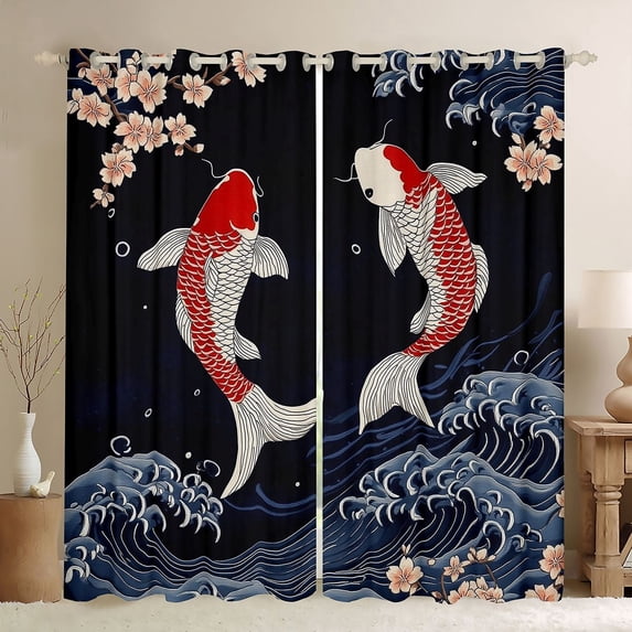 Manfei Traditional Koi Cherry Black Out Curtains for Girls Women, Ocean Wave Curtains Pack of 2 (42x63 Each), Navy Pink