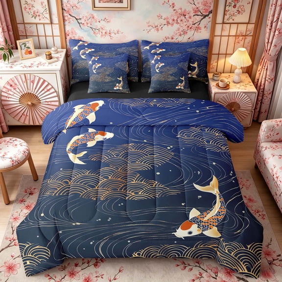 Manfei Traditional Koi Twin Bedding Sets for Girls Women, Gold Wave Bedding Comforter Set, Blue Gold Orange, Black Reversible 7pcs