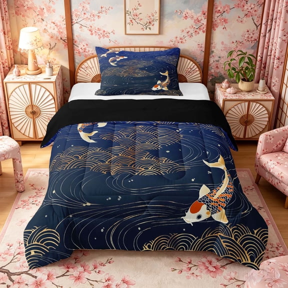 Manfei Traditional Koi Twin Comforter Sets for Girls Women, Gold Wave Bedding Set, Blue Gold Orange, Black Reversible 2pcs, 1 Comforter and 1 Pillowcase