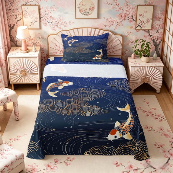 Manfei Traditional Koi Twin Sheet Sets for Girls Women, Gold Wave Bedding, Blue Gold Orange 3pcs, 1 Flat Sheet, 1 Fitted Sheet and 1 Pillowcase