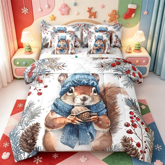 Manfei Traditional Pink Christmas 7pcs Queen Bedding,Merry Xmas Bedding Comforter Set Queen,Xmas Reversible