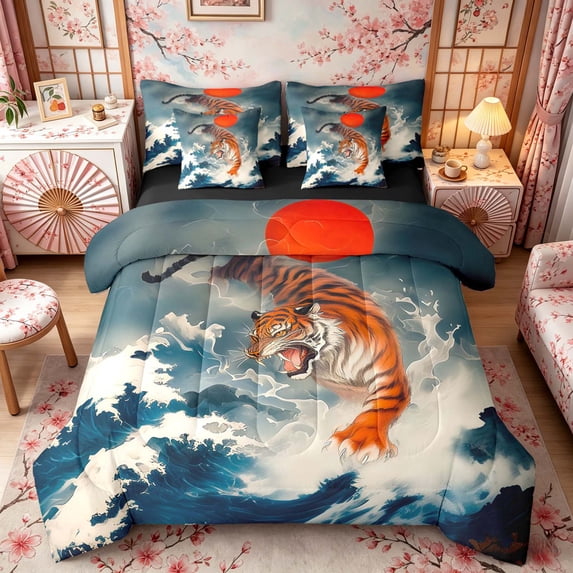Manfei Traditional Tiger Wave Twin Bedding Sets for Home, Red Sun Bedding Comforter Set for Office, Blue Orange Gray, Black Reversible7-Piece
