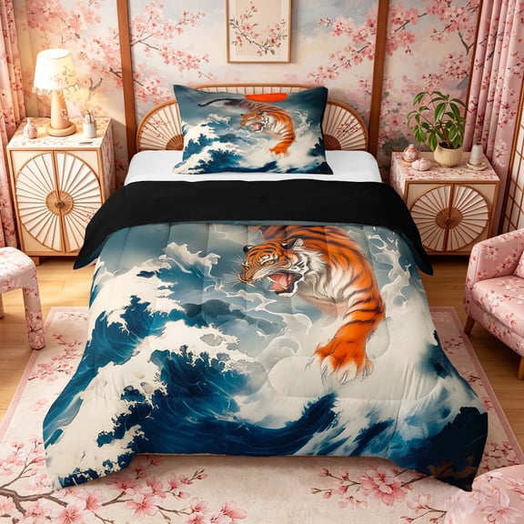 Manfei Traditional Tiger Wave Twin Comforter Sets for Home, Red Sun Bedding Set for Office, Blue Orange Gray, Black Reversible 2-Piece, 1 Comforter and 1 Pillowcase